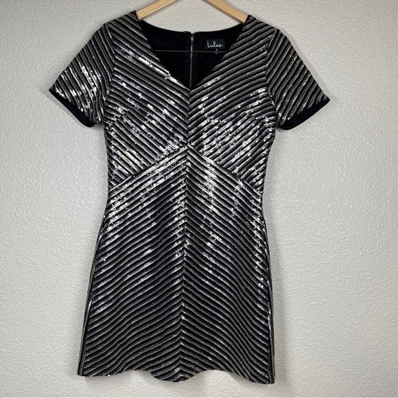 Lulu's Mini Dress Broadway Star Metallic Sequin V-Neck Stripes Women Size Small - Picture 4 of 11